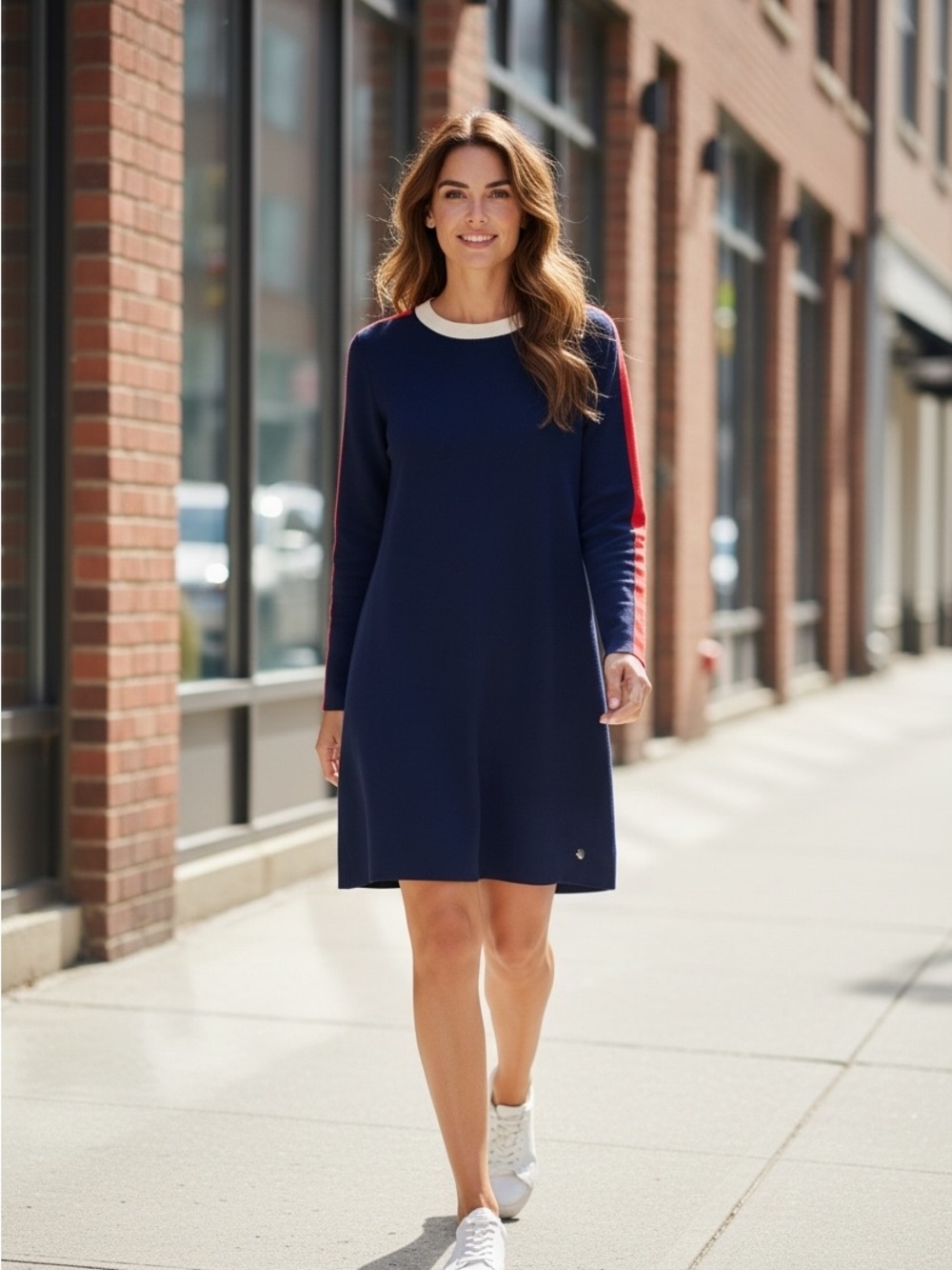 Fun Ted Baker knit dress with red stripe down centre back and sleeve